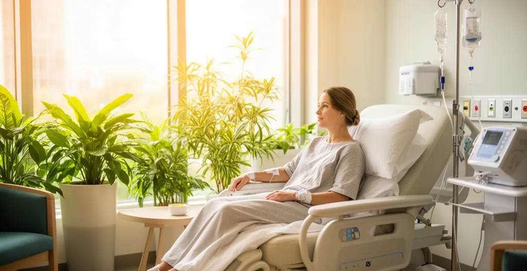Patient recevant une perfusion dans une salle de jour hospitalière lumineuse