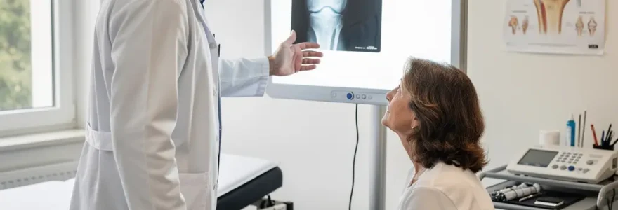 Consultation chirurgien orthopédiste genou avec patient dans cabinet médical moderne
