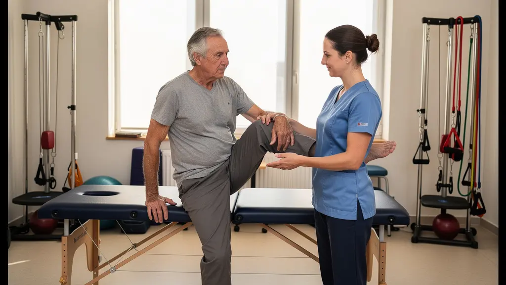 Patient en rééducation du genou avec kinésithérapeute du sport