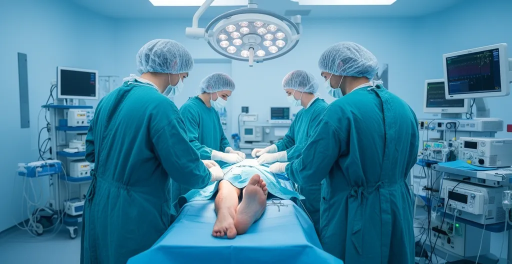 Équipe chirurgicale préparant une intervention micro-invasive du pied en bloc opératoire