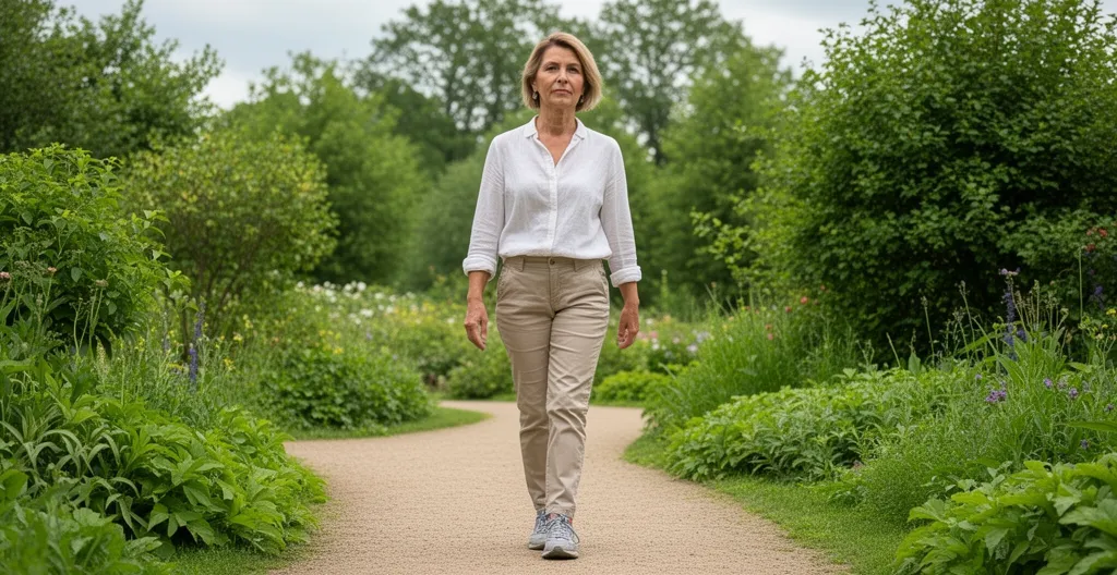 Femme reprenant la marche en extérieur avec chaussures confortables après chirurgie du pied