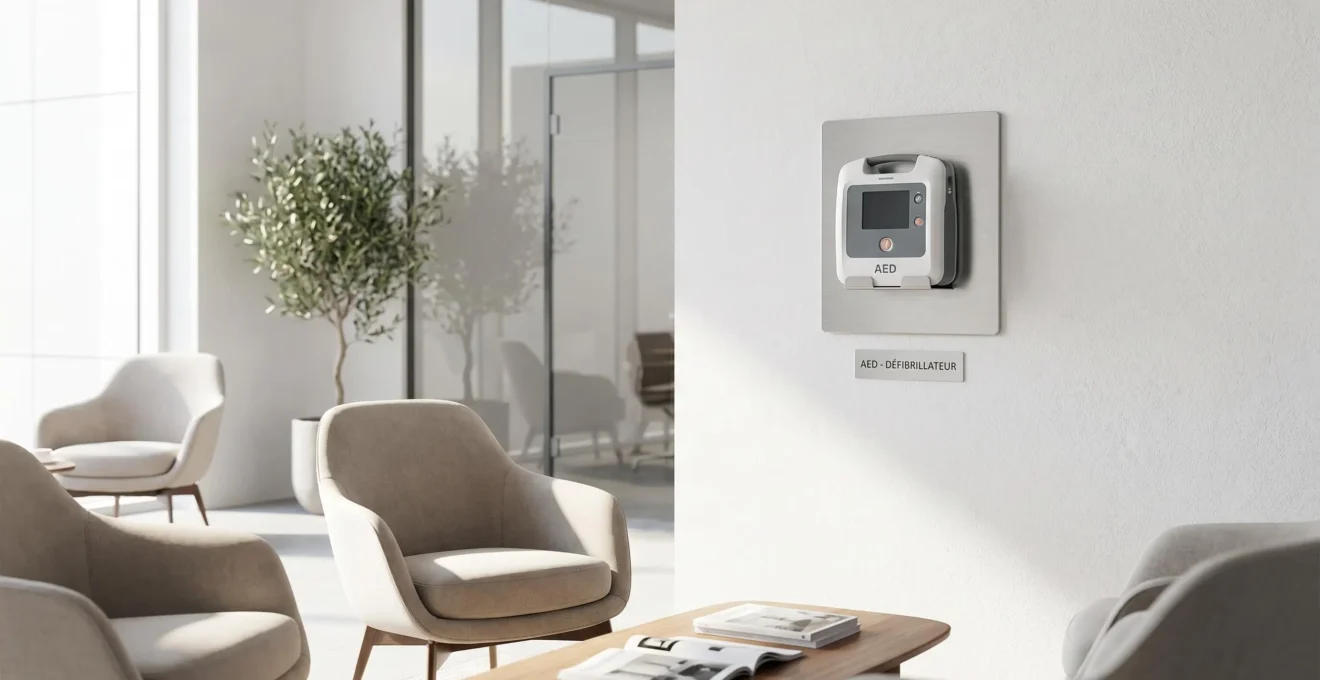 Défibrillateur automatique externe DefibLIB fixé sur support mural en aluminium dans un espace de réception d'entreprise