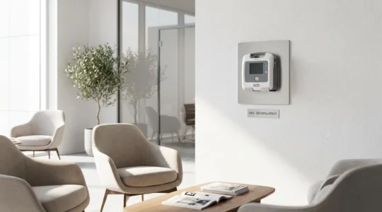Défibrillateur automatique externe DefibLIB fixé sur support mural en aluminium dans un espace de réception d'entreprise