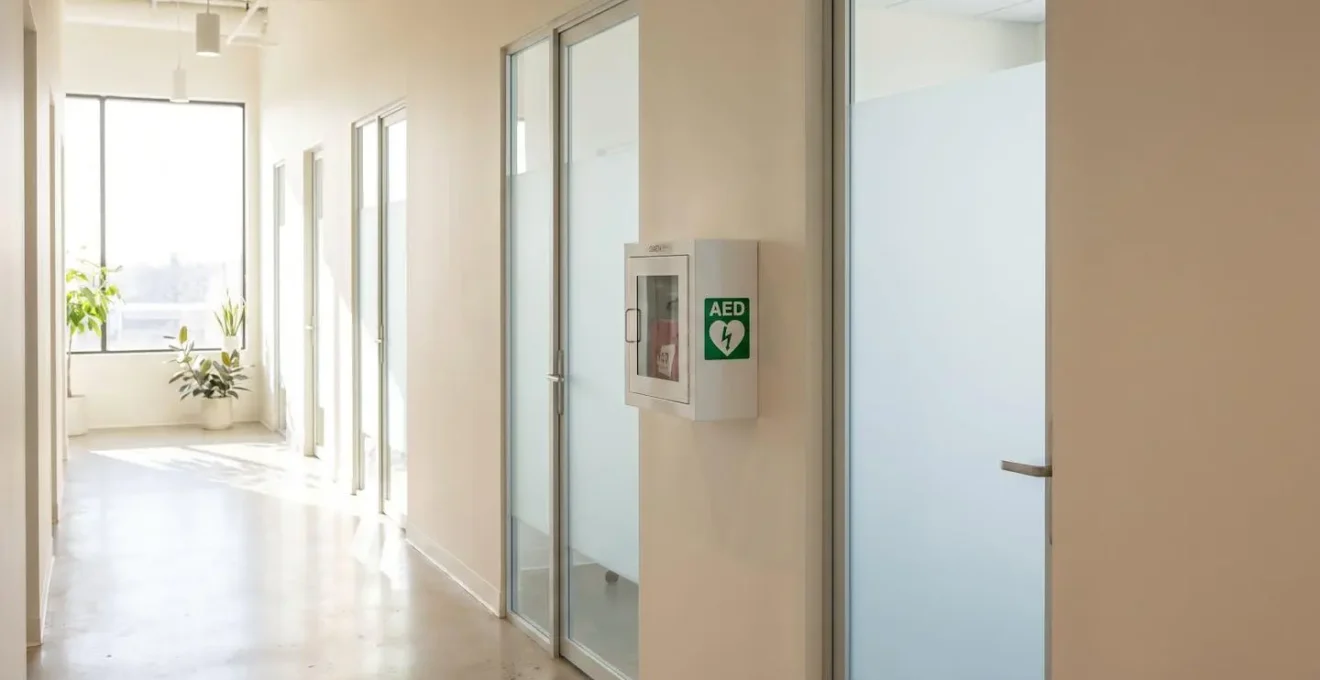 Couloir d'entreprise avec défibrillateur bien visible sur support mural, à hauteur de main, entre deux portes de bureaux