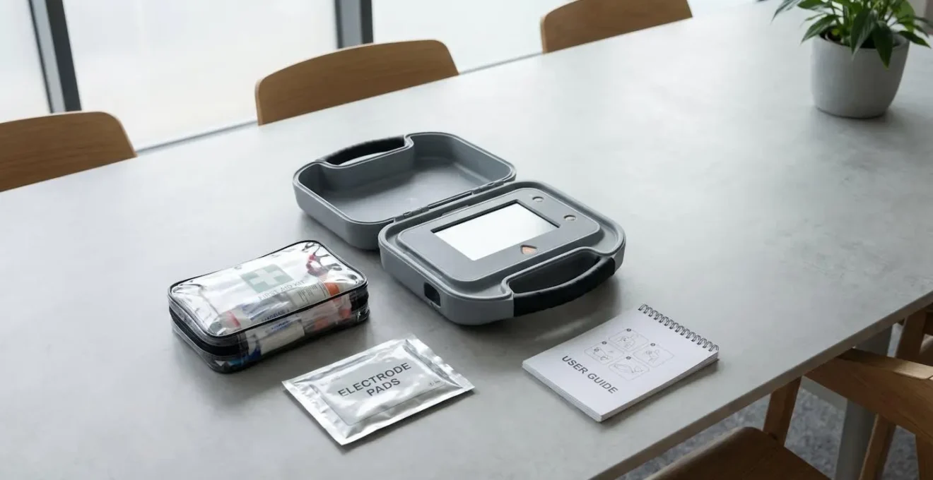 Kit de premiers secours posé à côté du défibrillateur DefibLIB sur une surface neutre, contenu du pack visible